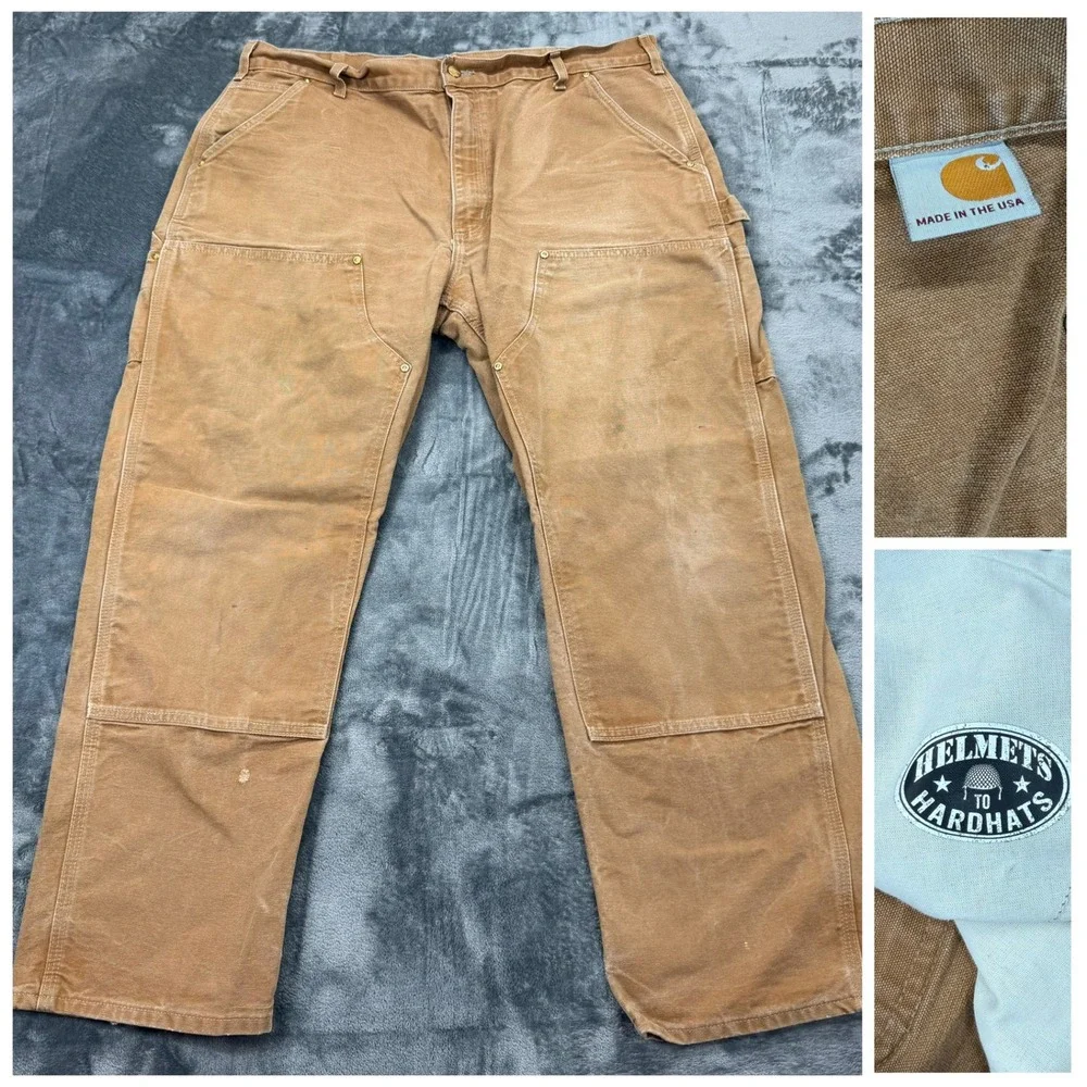 Carhartt‎ USA Union Made Double Knee Pants Fade Distress Brown Canvas Mens 40x30